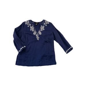 Peck & Peck Linen Shirt Women 10 Navy Blue Floral Paisley Embroidered 3/4 Sleeve